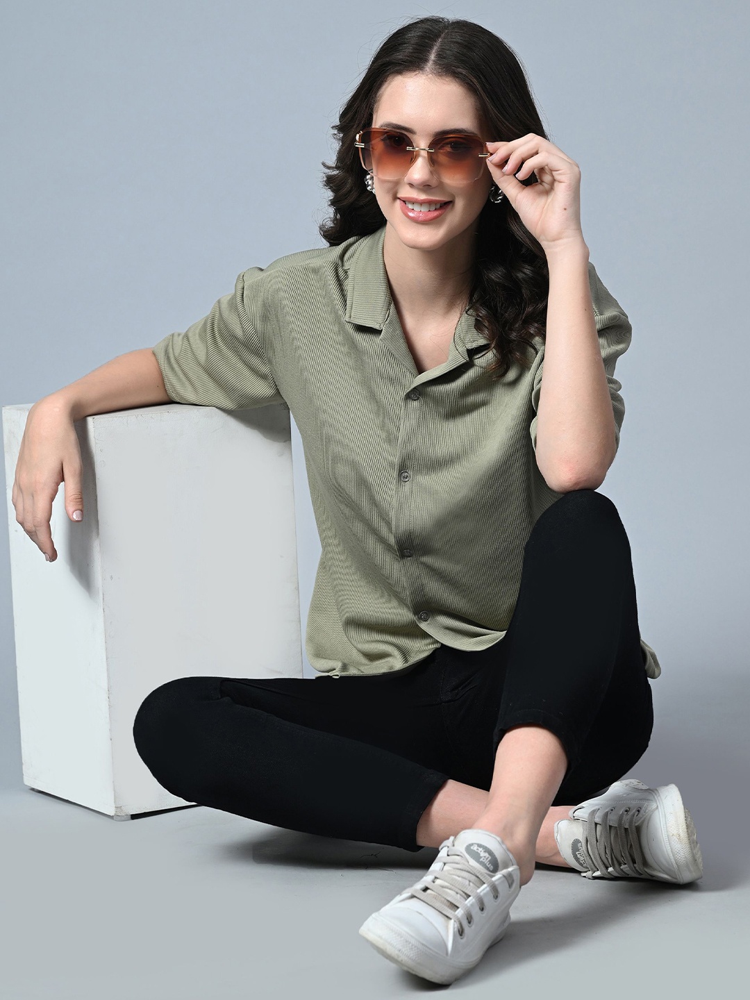 

Genzy Crepe Women Solid Shirt Style Top, Olive