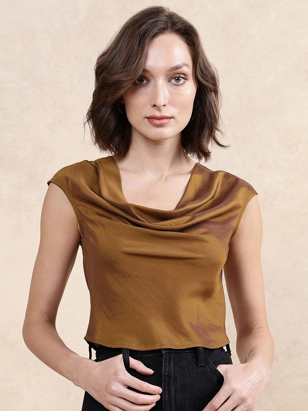 

RAREISM Women Solid Cowl Neck Top, Gold