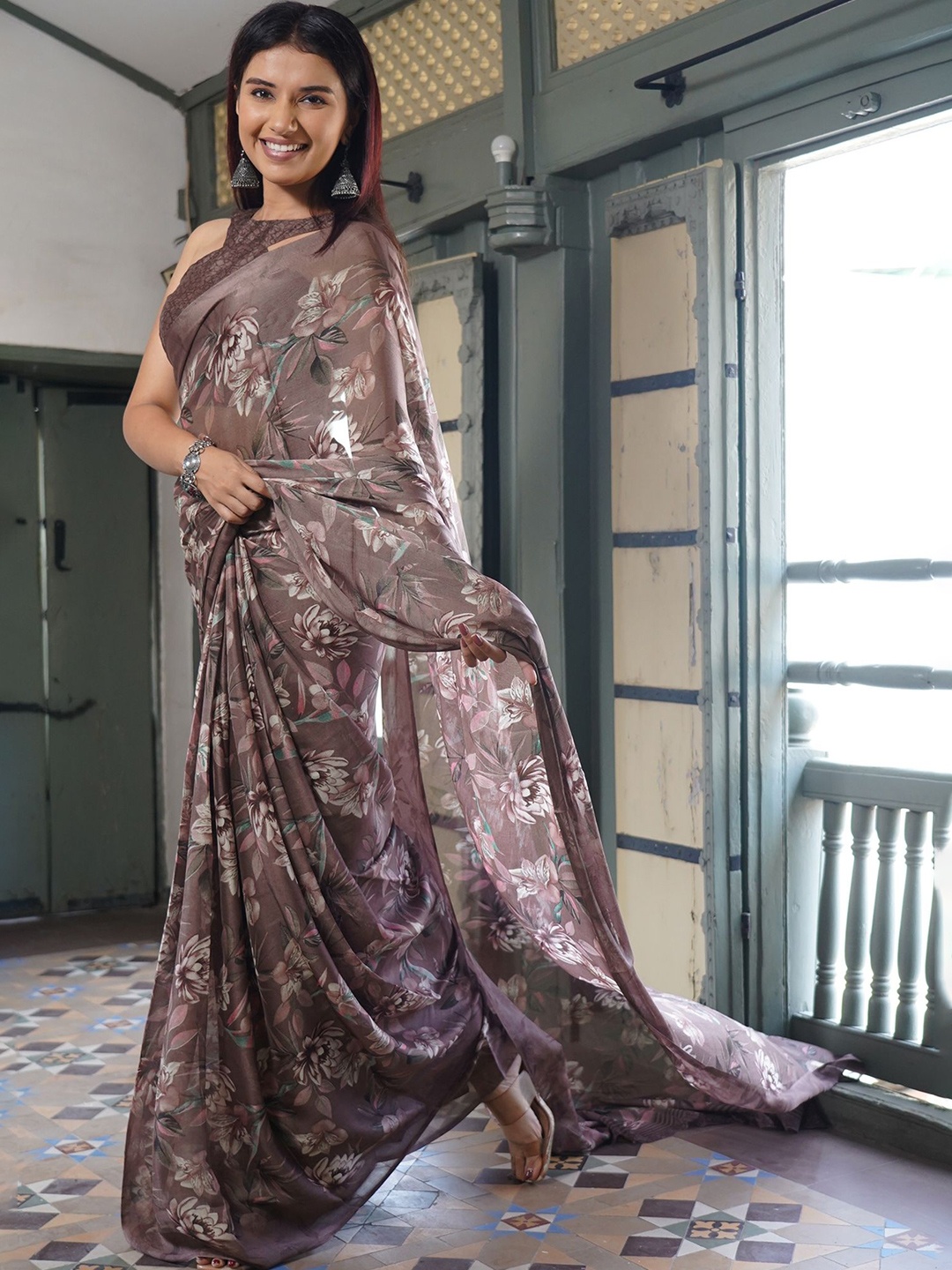 

KALINI Floral Printed Saree With Unstitched Blouse, Coffee brown