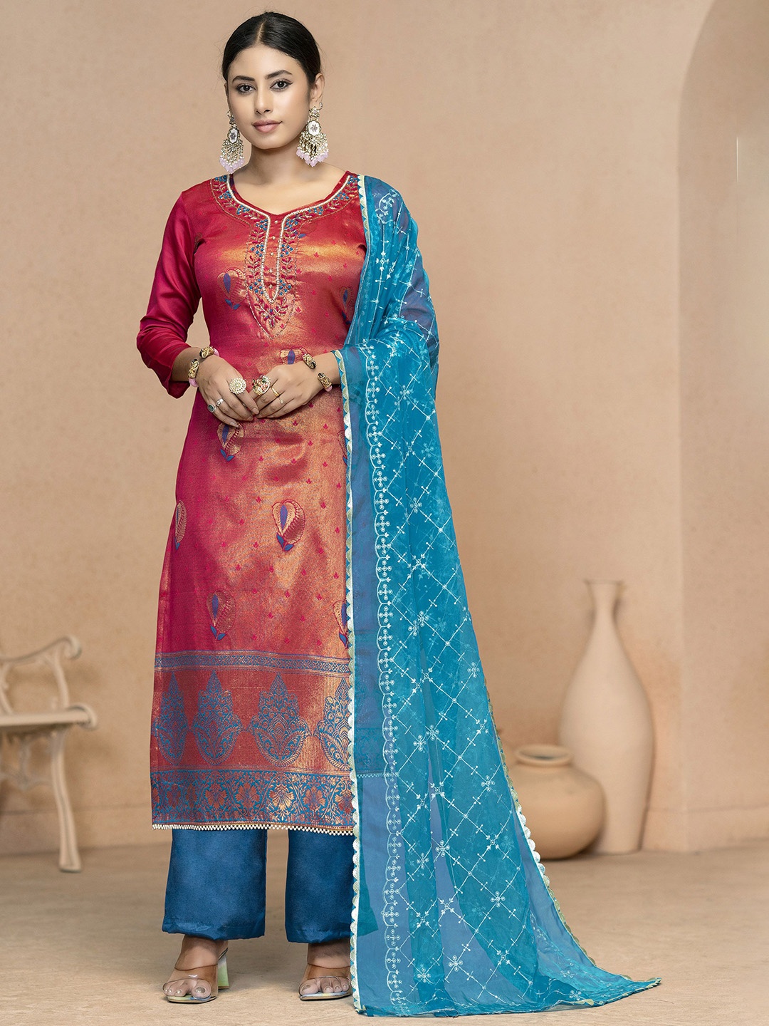

Maroosh Ethnic Motifs Woven Design Beads & Stones Unstitched Dress Material, Pink