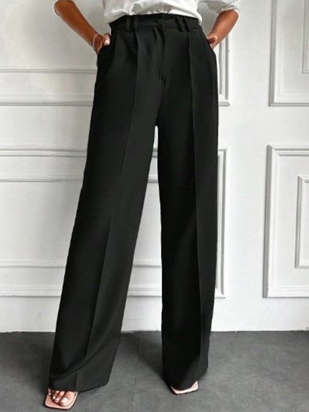 

Next One Women High-Rise Pleated Korean Parallel Trousers, Black