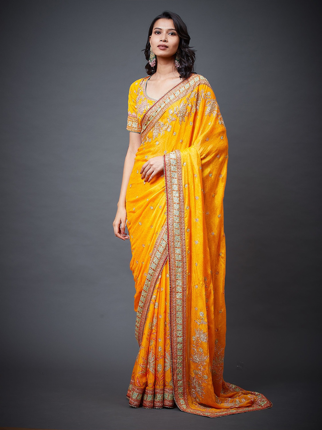 

Ri.Ritu Kumar Floral Embroidered Sequinned Saree With Unstitched Blouse, Yellow