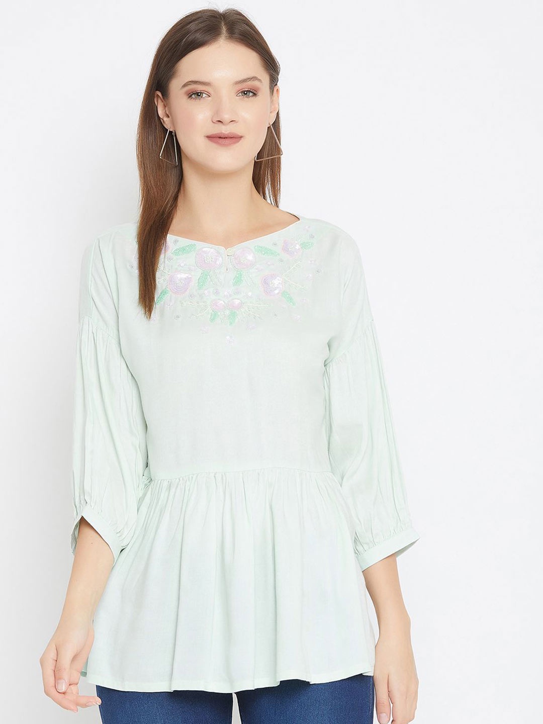 

The Kaftan Company Women Embroidered Puff Sleeve Top, Green