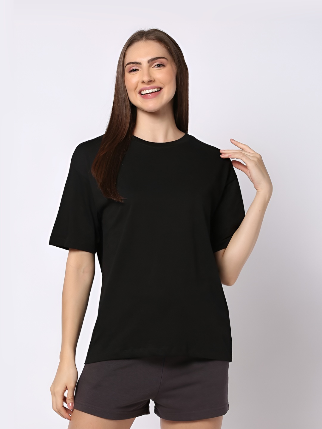 

FALTU.CO Women Solid Round Neck Pure Cotton Oversized T-shirt, Black