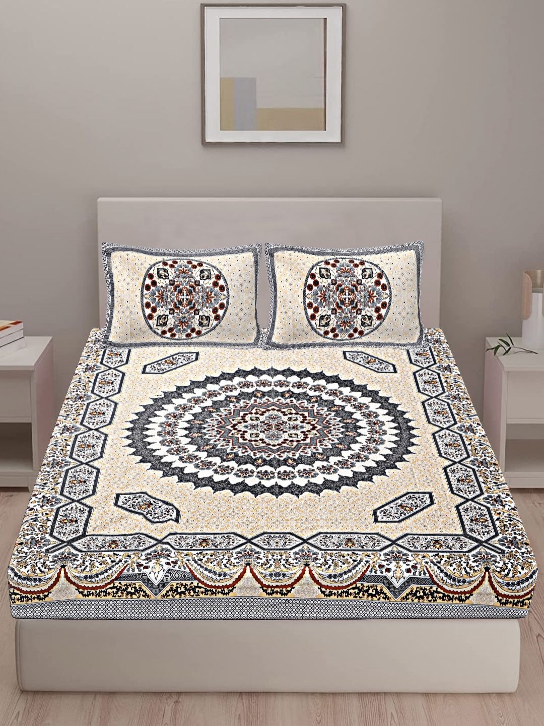 

VANI E Beige & Blue Floral 180 TC Cotton King Bedsheet Set-2.54 m x 2.74 m