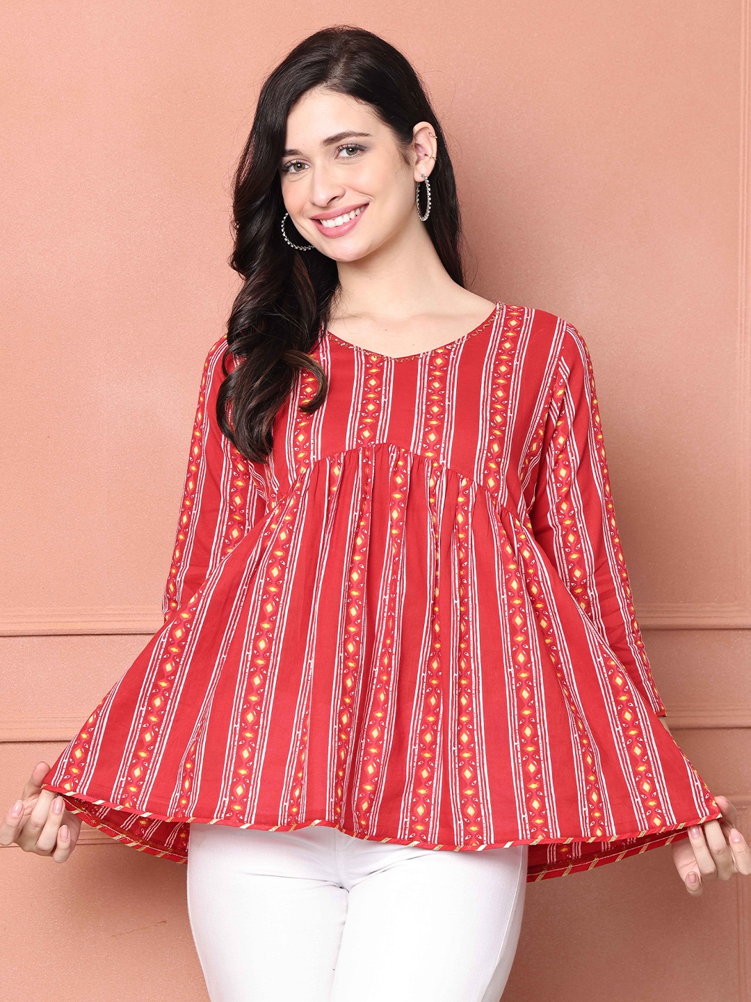 

Rajnandini Striped Cotton Empire Top, Red