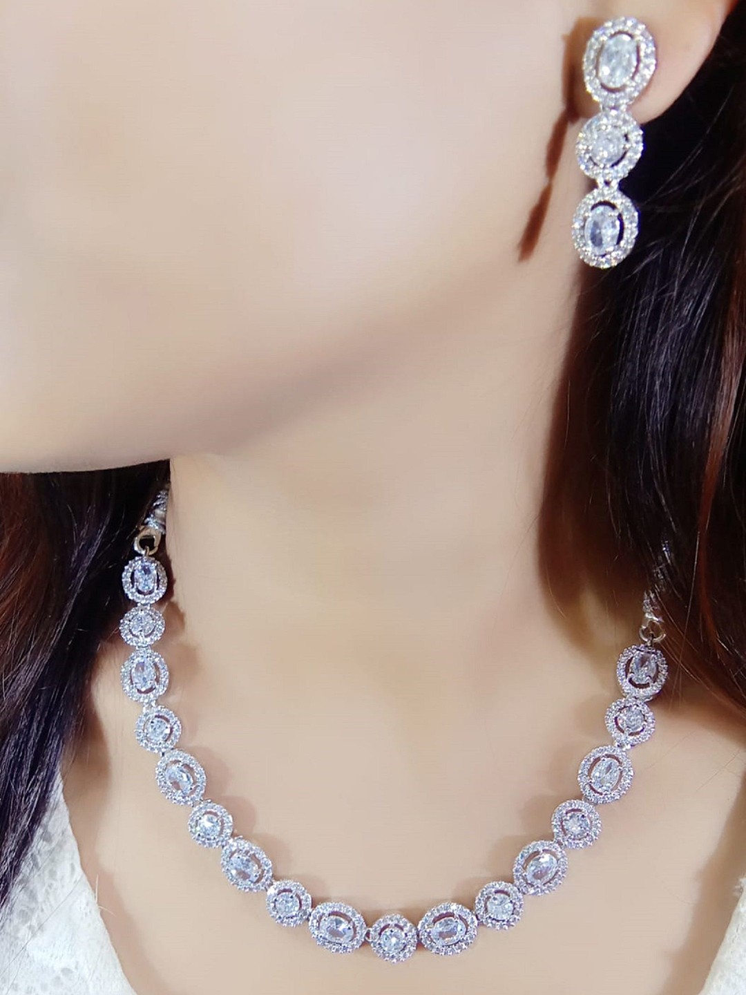 

Ladymania Silver-Plated American Diamond Stone-Studded Jewellery Set