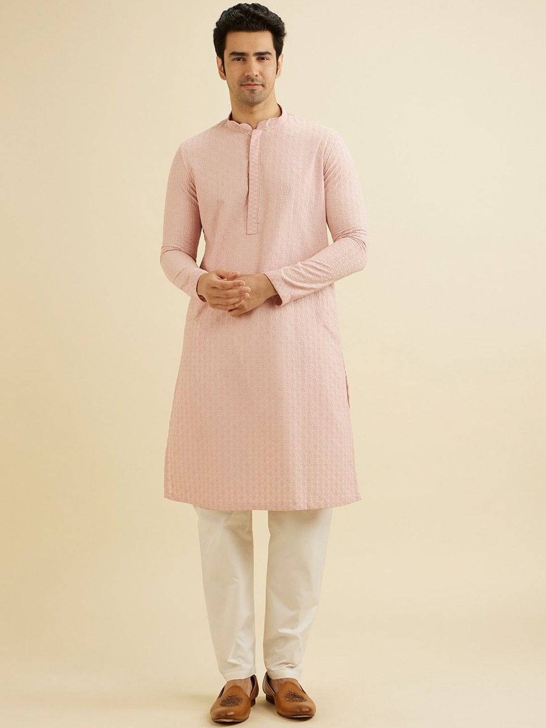 

Manyavar Floral Embroidered Straight Chikankari Kurta with Pyjamas, Pink