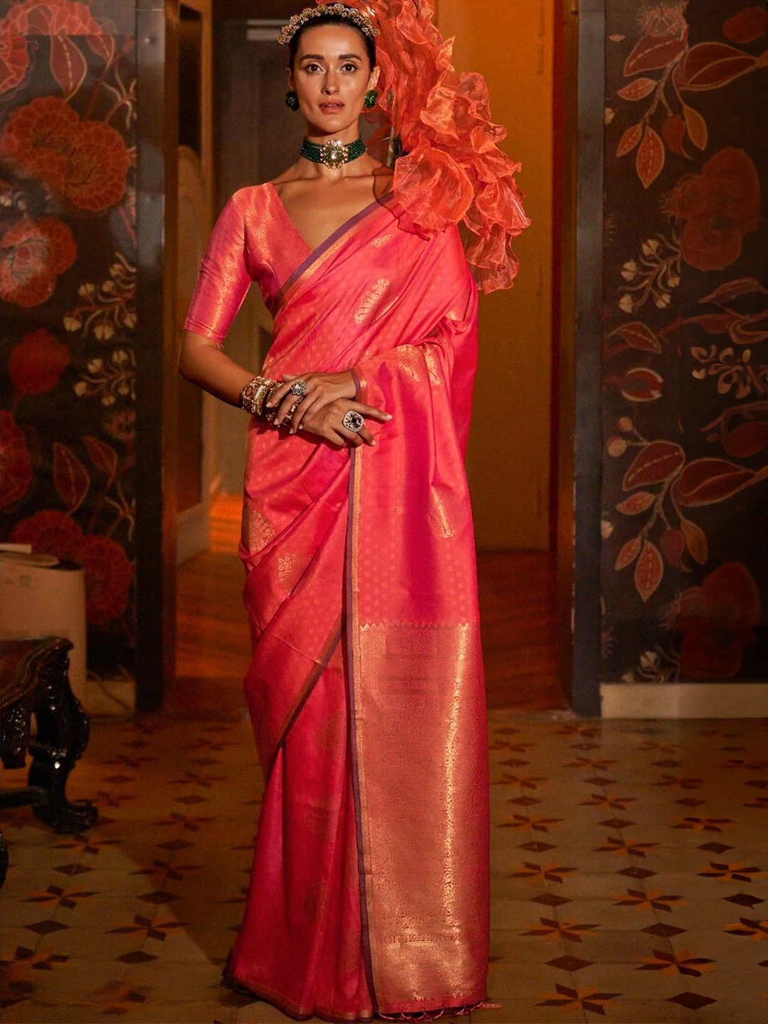 

MySilkLove Woven Design Zari Silk Blend Banarasi Saree, Pink