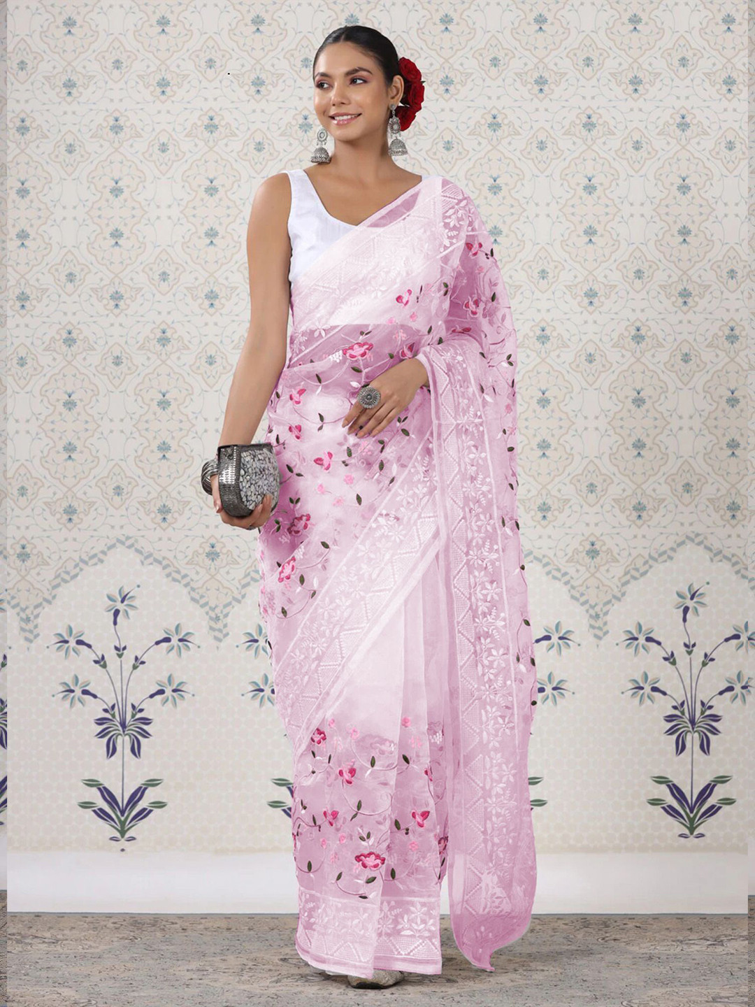 

Celeb Styles Floral Embroidered Organza Saree, Pink