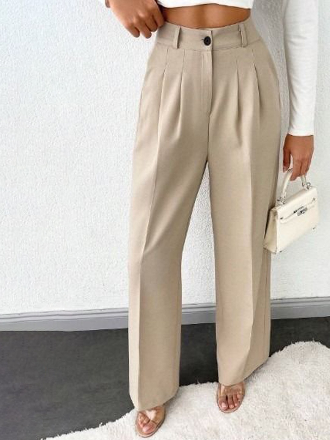 

Next One Women High-Rise Pleated Korean Trousers, Beige