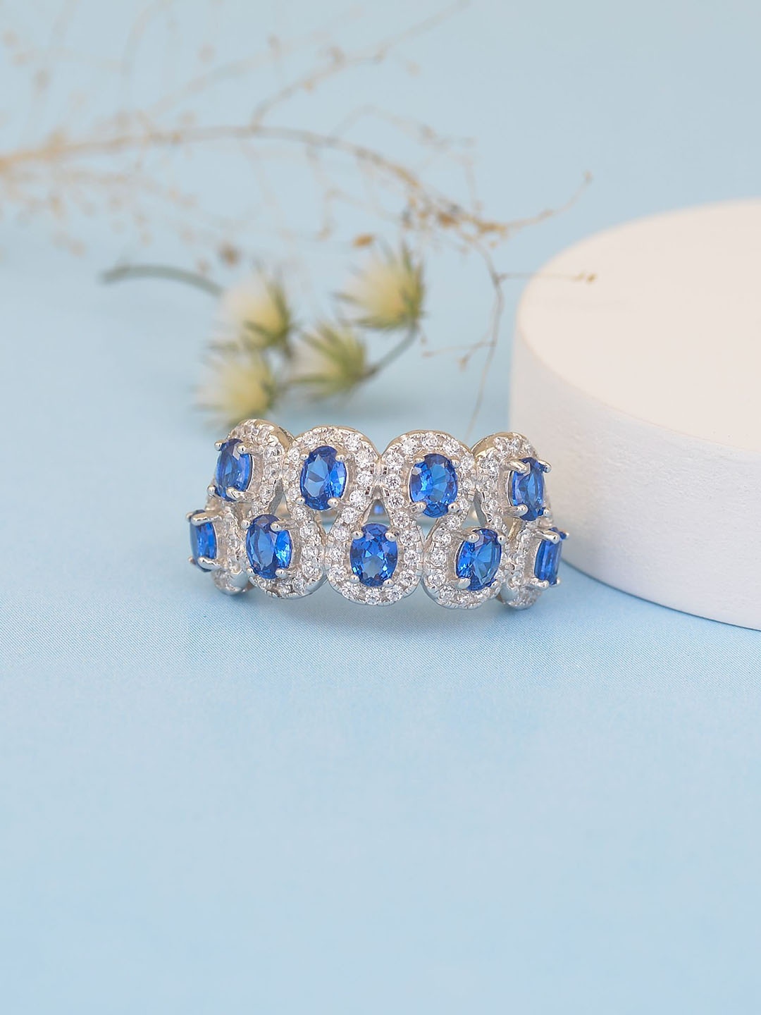 

Ornate Jewels 925 Sterling Silver Rhodium Plated Cubic Zirconia Stone-Studded Finger Ring