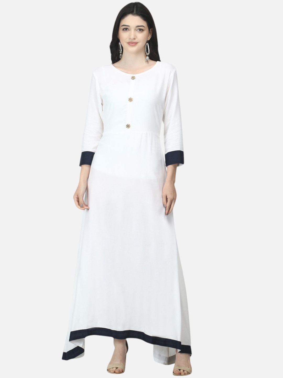 

Biyu Round Neck A-Line High-Low Ethnic Dresses, White