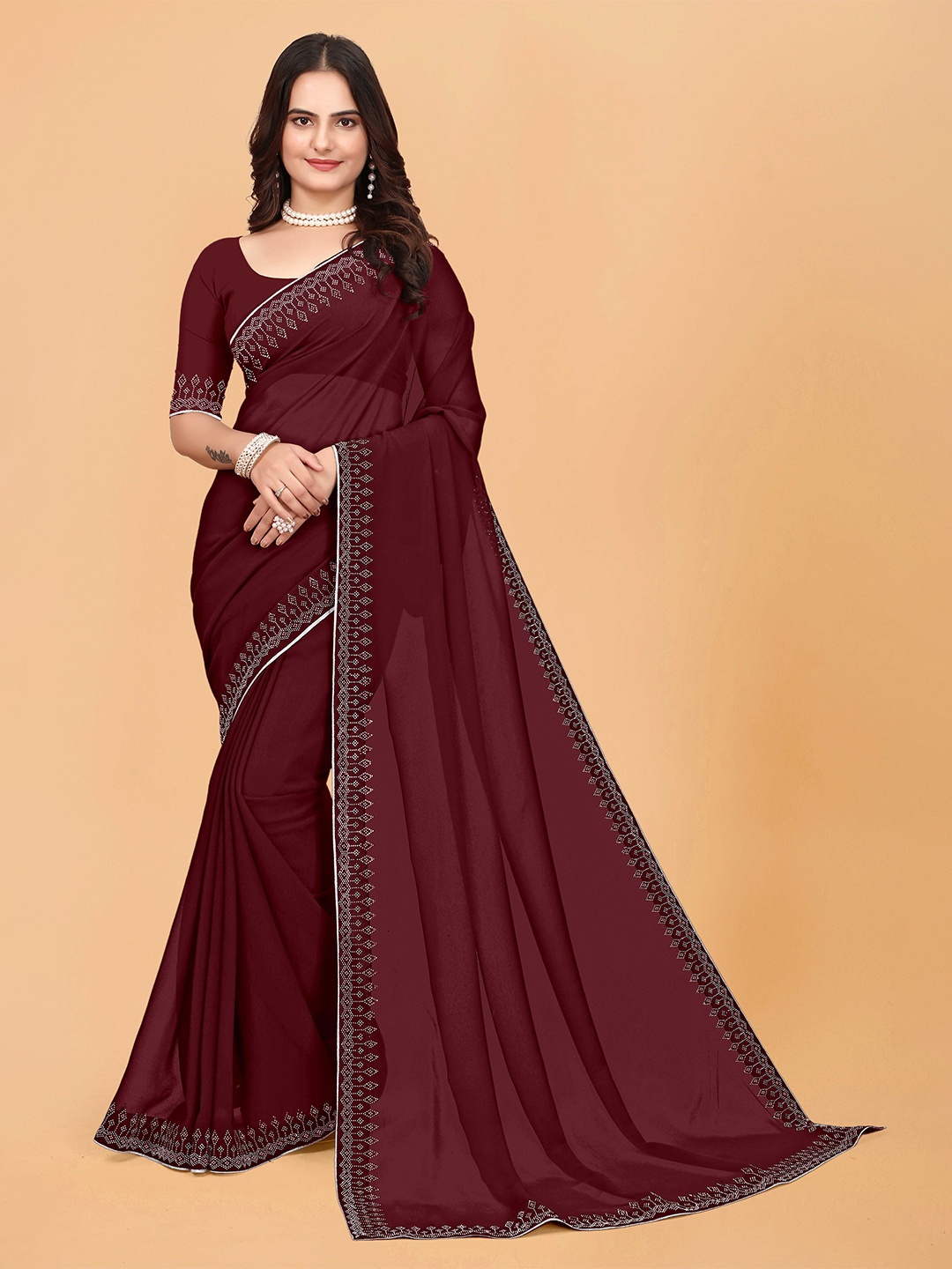 

WEAVETECH IMPEX Embellished Mirror Work Pure Georgette Saree, Maroon