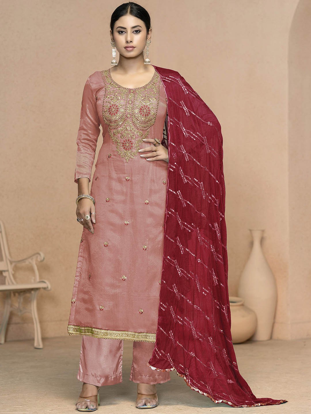 

Maroosh Floral Embroidered Unstitched Dress Material, Peach