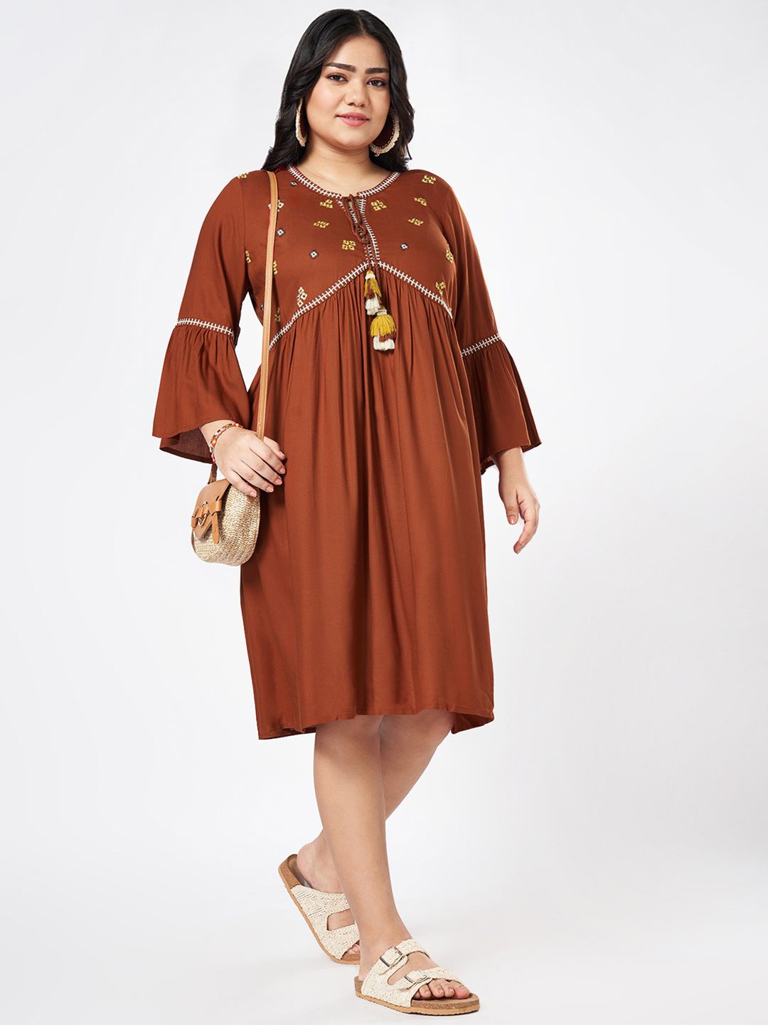 

Honey Curvytude by Pantaloons Embroidered Plus Size Tie-Up Neck Bell Sleeve Empire Dress, Red