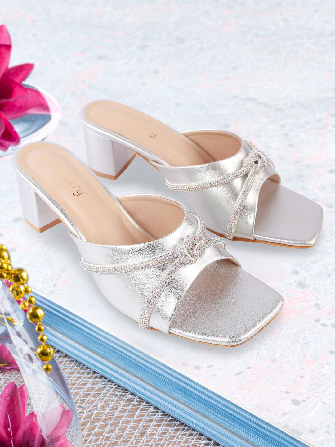 

DressBerry Women Embellished Party Block Sandals, Silver