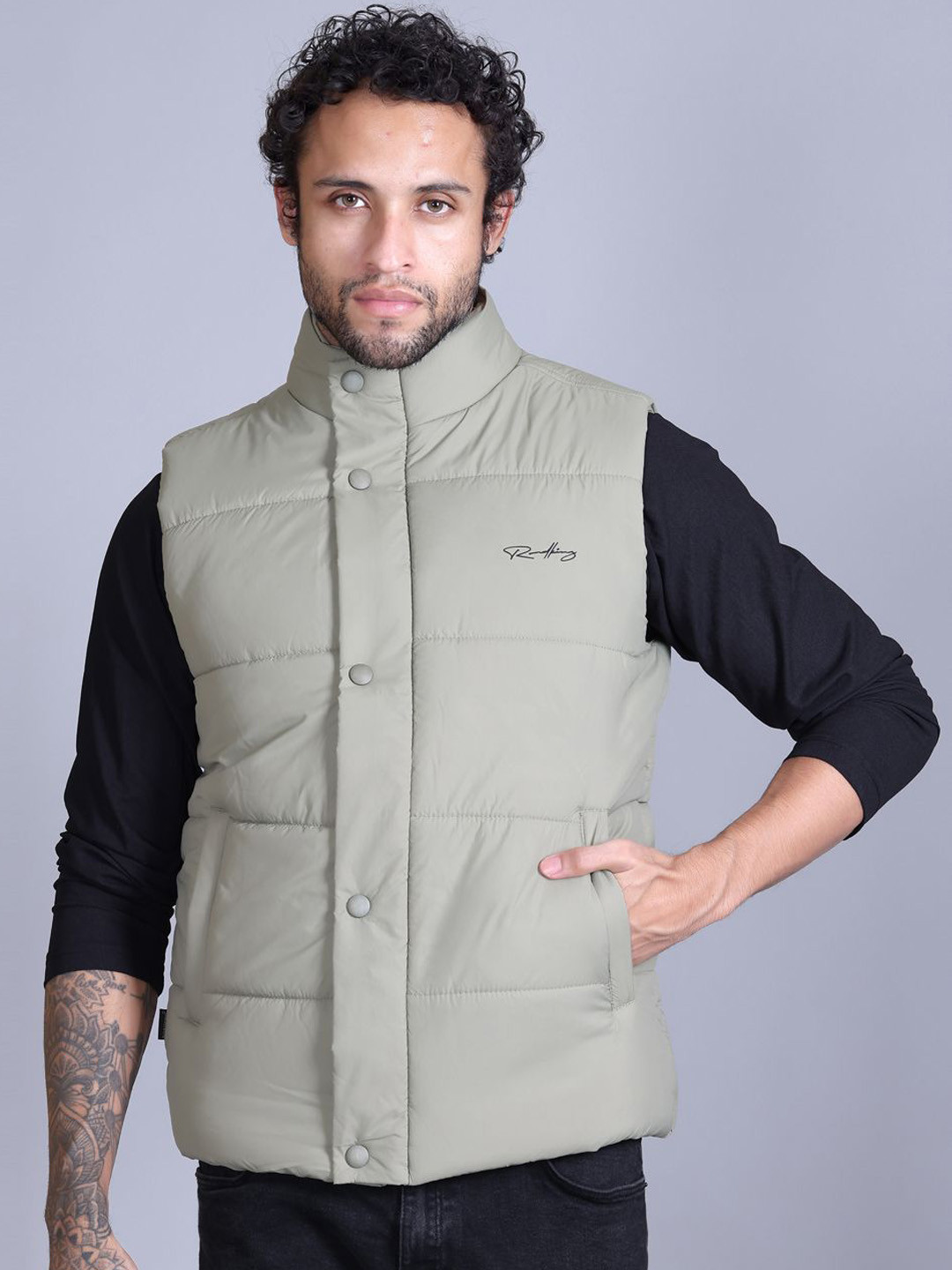 

Roadking Men Mock Collar Solid Casual Padded Jacket, Green