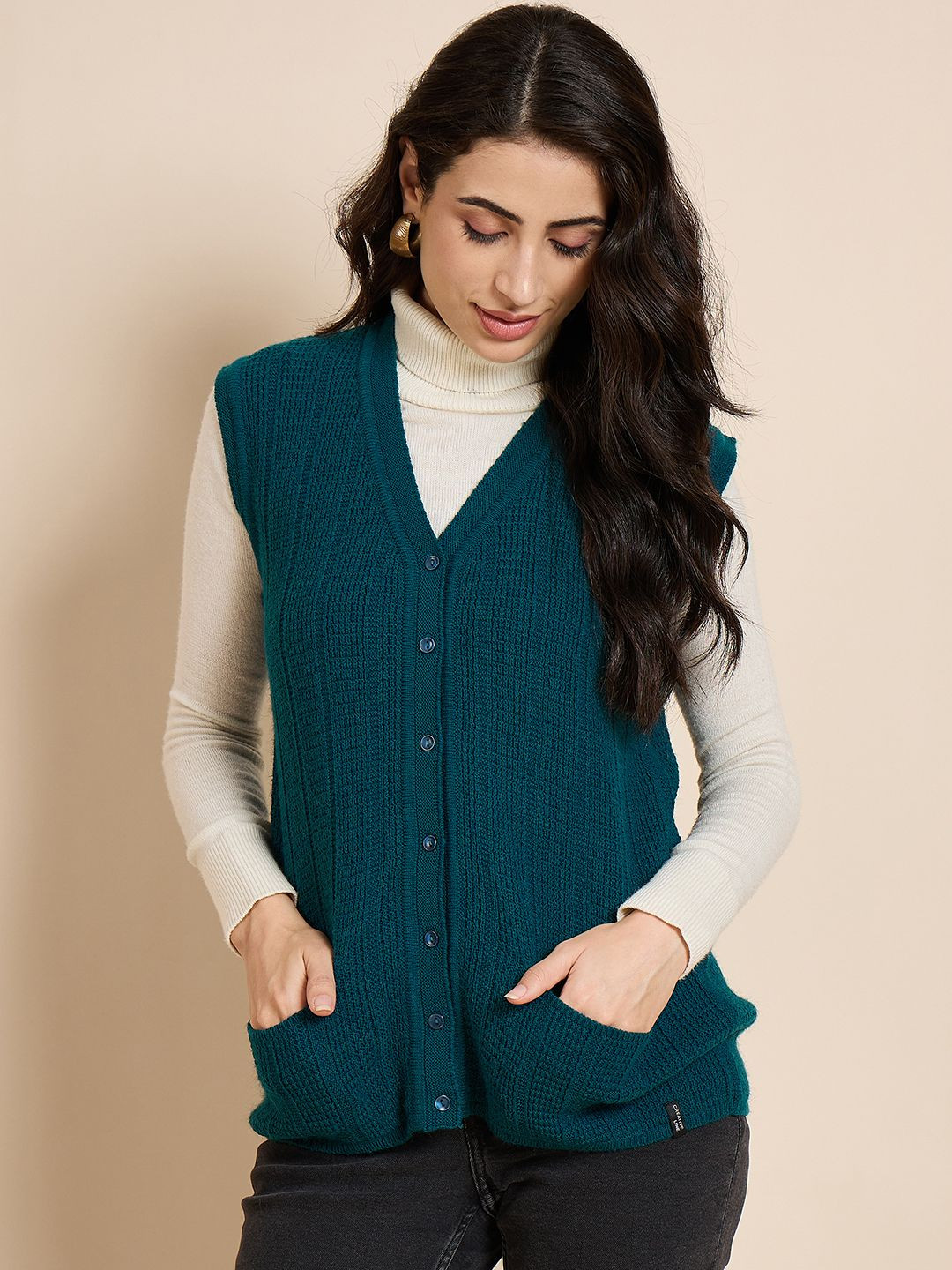 

CREATIVE LINE Women V-Neck Self Design Woollen Cardigan, Teal