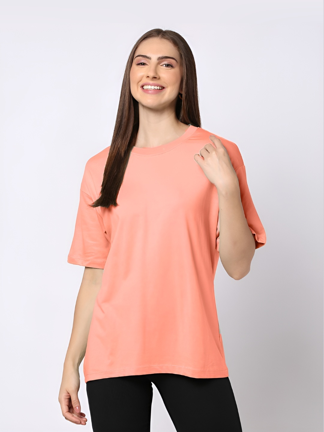 

FALTU.CO Women Solid Round Neck Pure Cotton Oversized T-shirt, Peach
