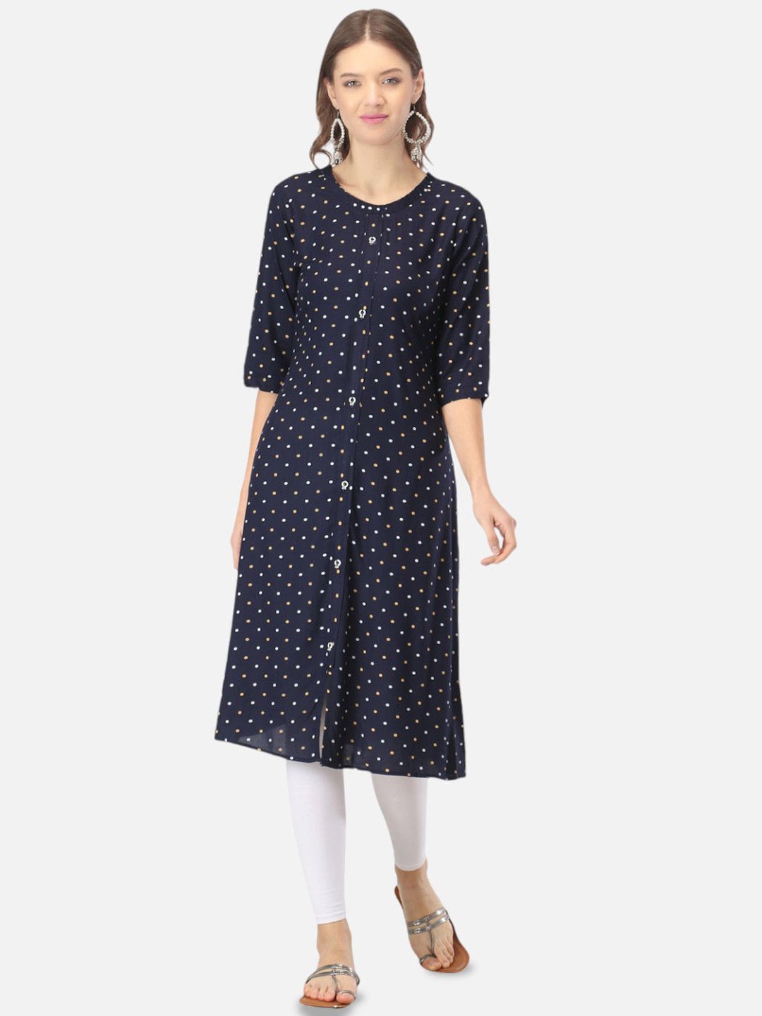 

Biyu Polka Dot Printed Round Neck Pure Cotton A-Line Kurta, Navy blue