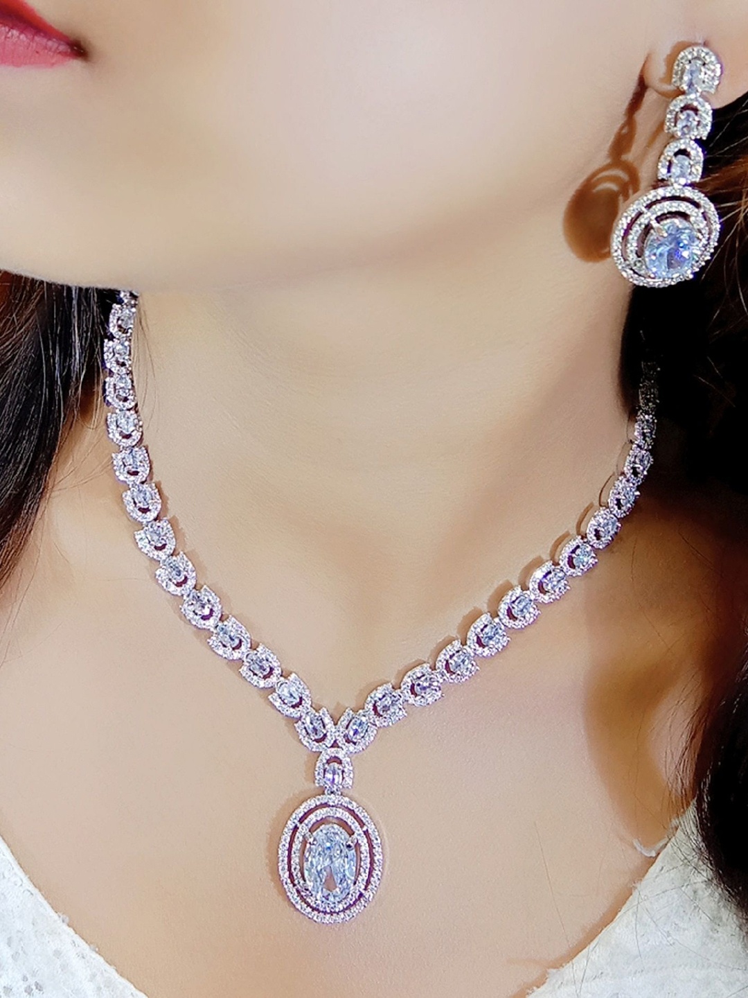 

Ladymania Silver-Plated American Diamond Stone Studded Jewellery Set, White