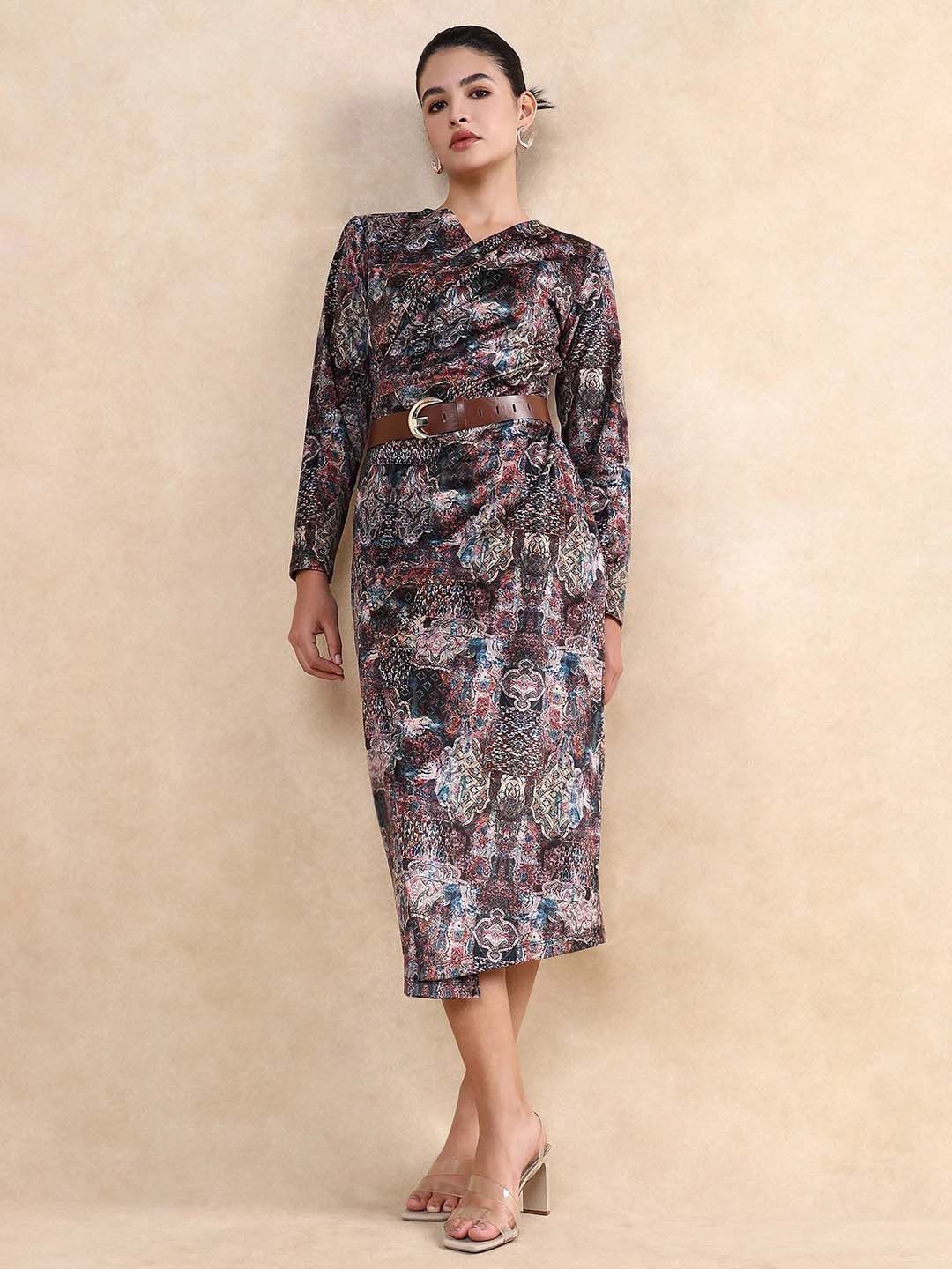 

RAREISM Women Abstract Printed Wrap Midi Cotton Dress, Black