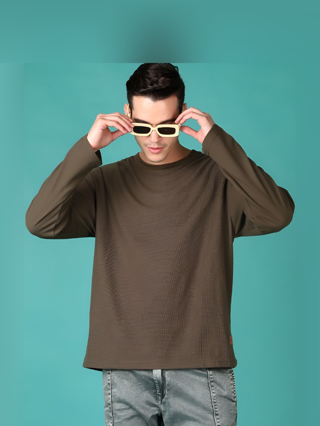 

V-Mart Men Solid Round Neck Cotton Oversized T-shirt, Olive