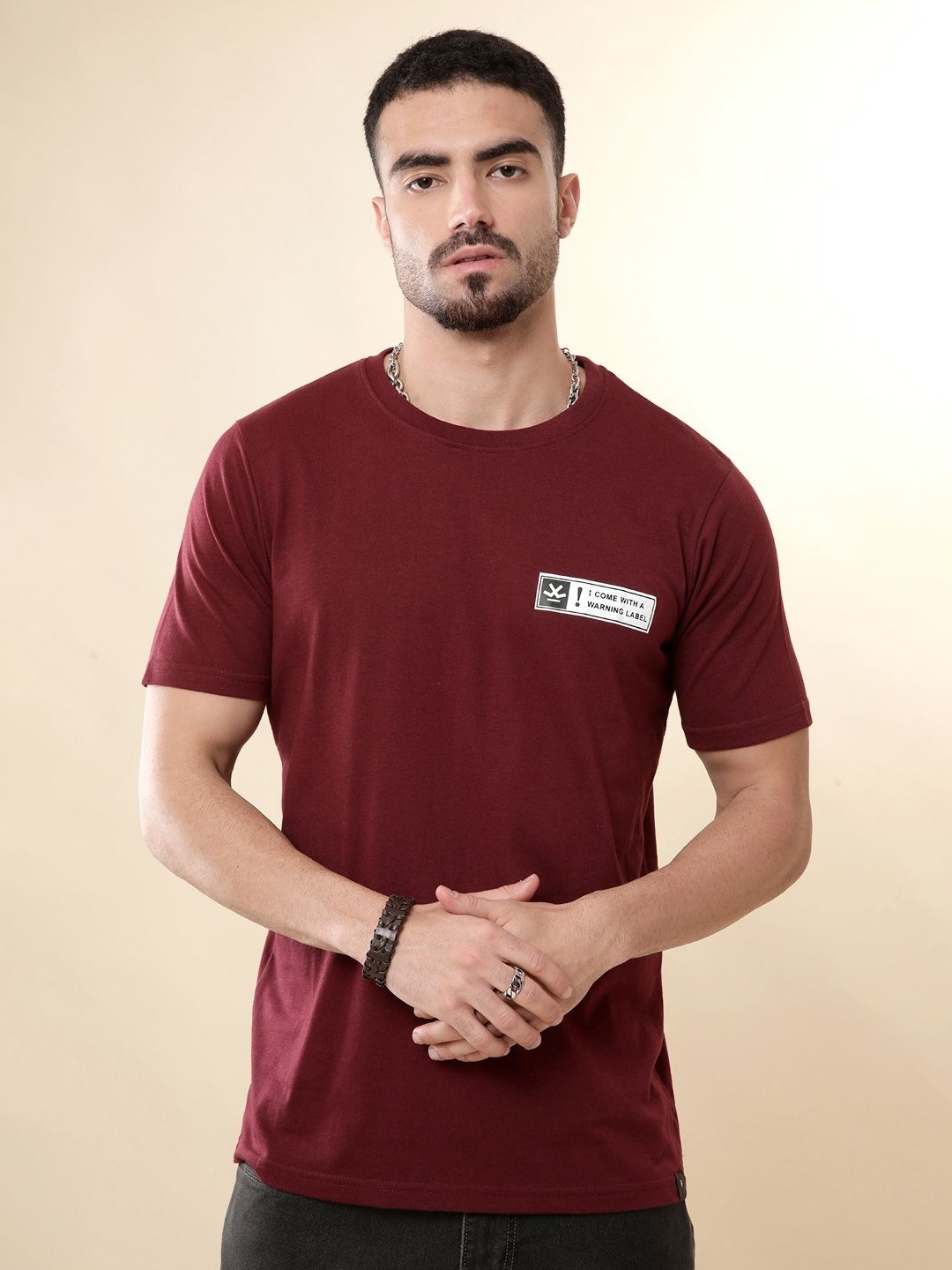 

WROGN Men Solid Round Neck Cotton T-shirt, Maroon