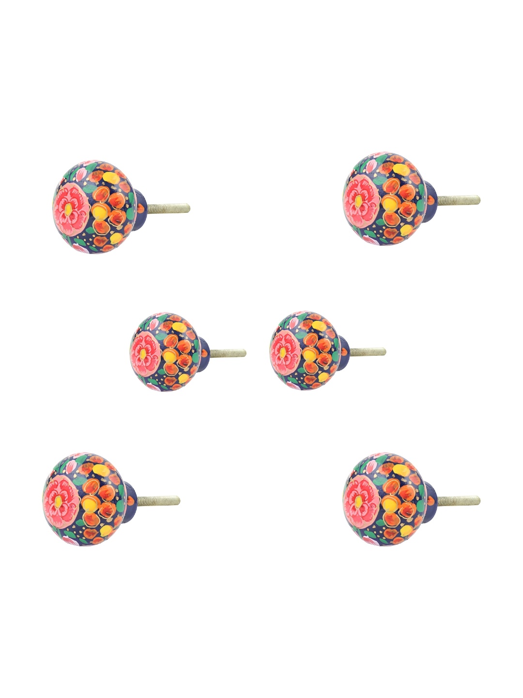 

Indianshelf 6Pcs Blue & Orange-Colored Printed Wooden Knobs