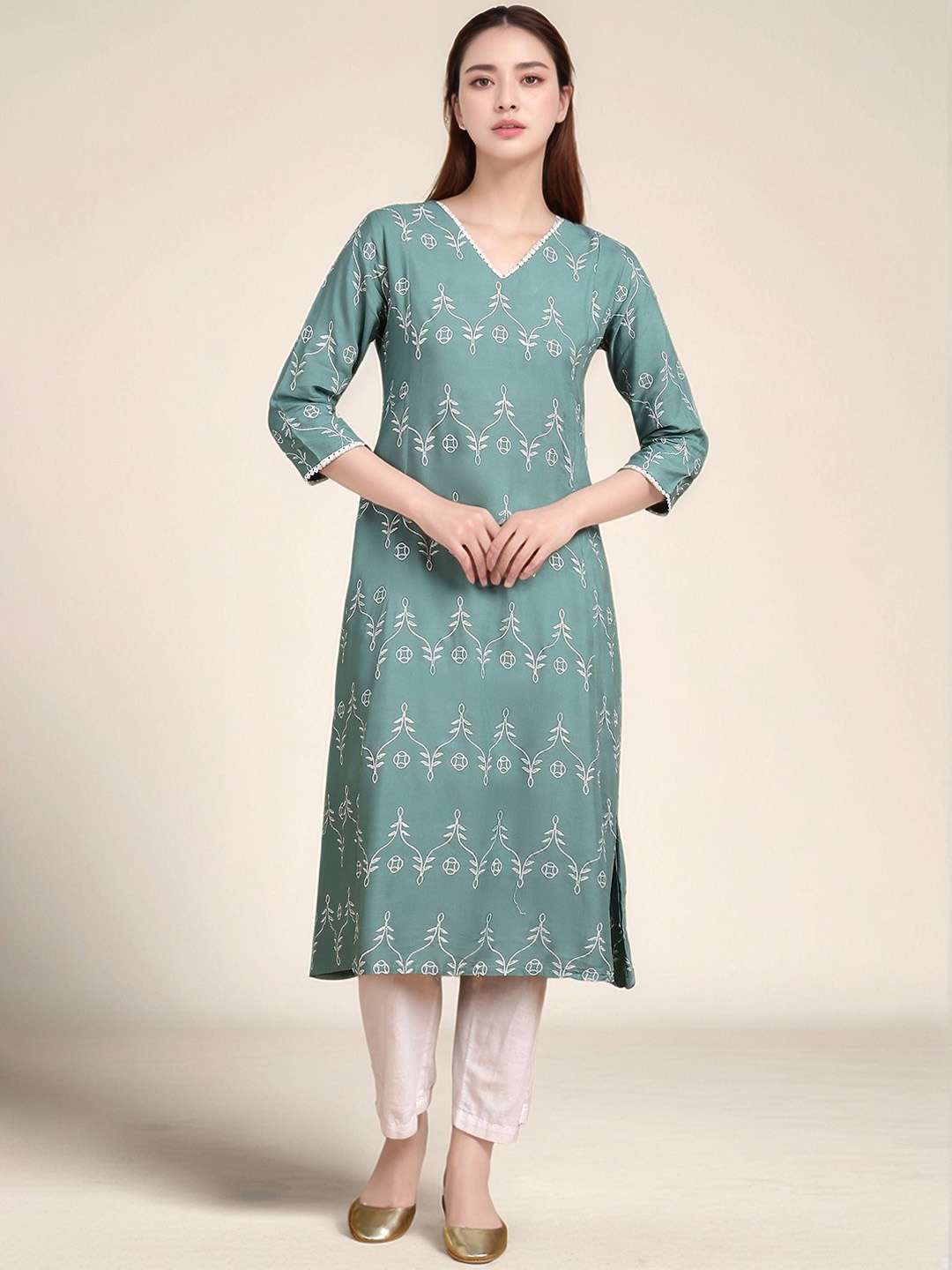 

KALINI Ethnic Motifs Embroidered Chikankari Pastels Straight Kurta, Green