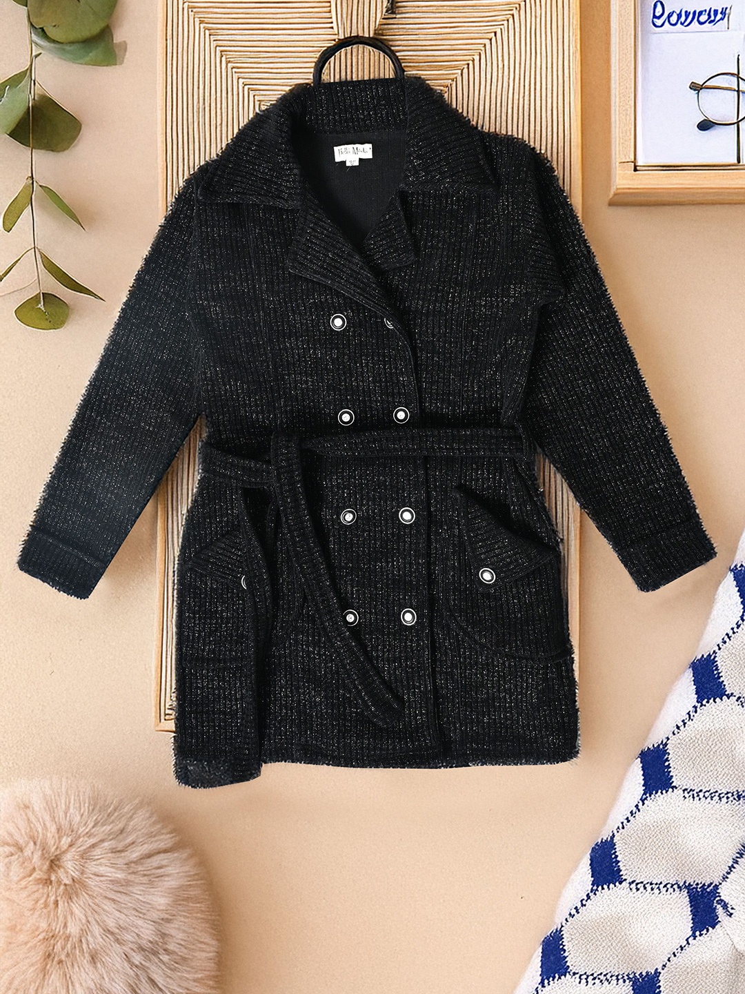 

BAESD Girls Lapel Collar Self Design Woollen Casual Tailored Jacket, Black