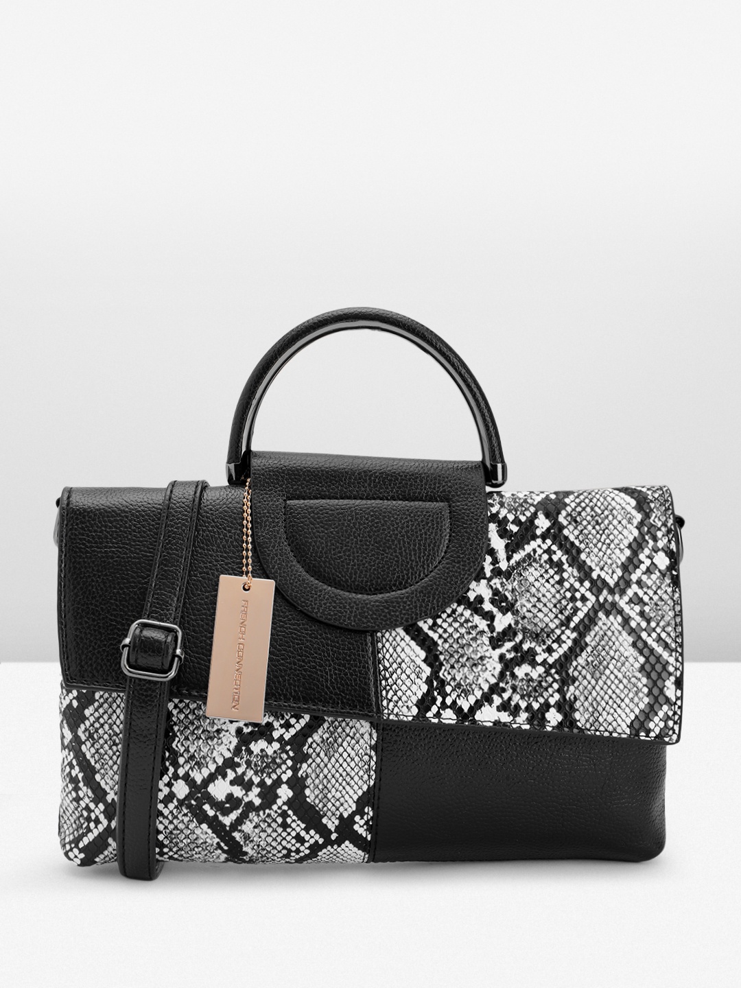 

French Connection Animal Printed Structured Satchel, Black