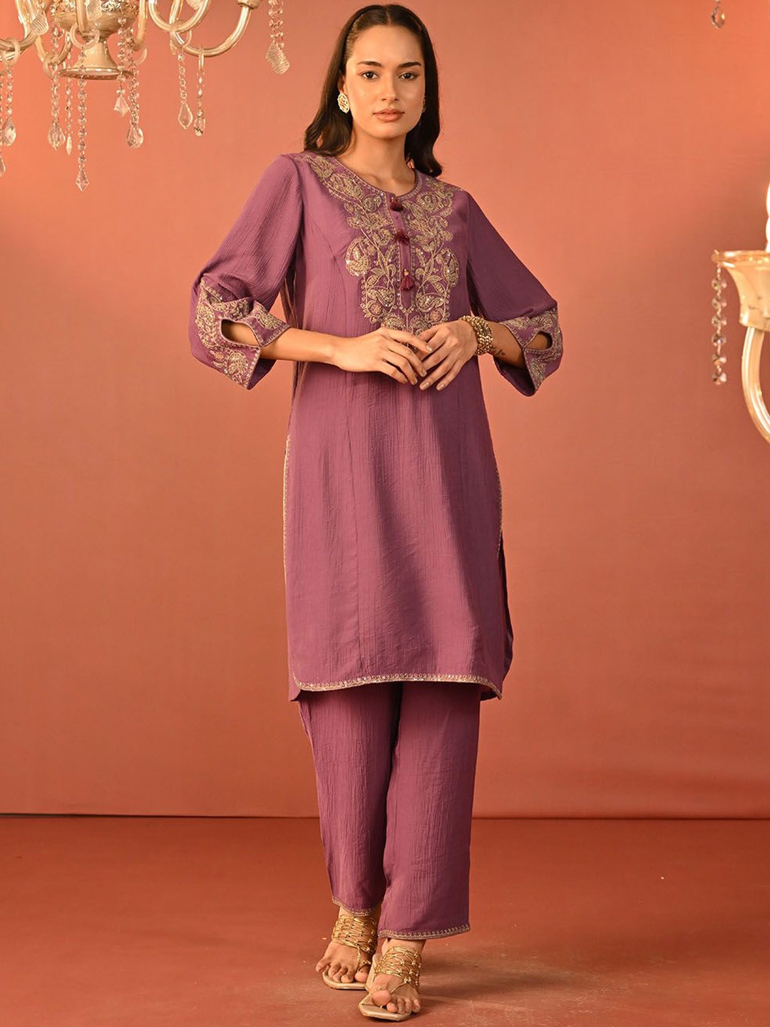 

Lakshita Floral Embroidered Zari Straight Kurta With Trouser, Purple