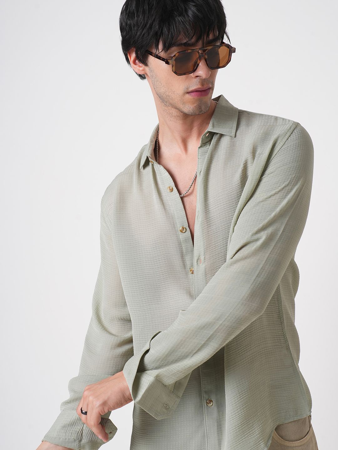 

VASTRADO Men Classic Spread Collar Textured Slim Fit Casual Shirt, Green