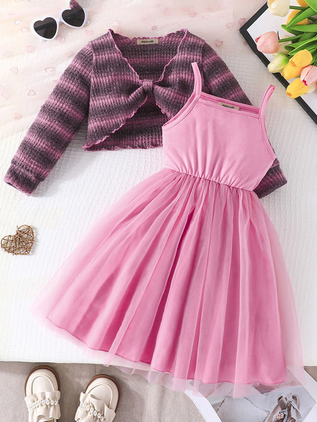 

INCLUD Girls Shoulder Straps Fit & Flare Dress With Printed Shrug, Pink