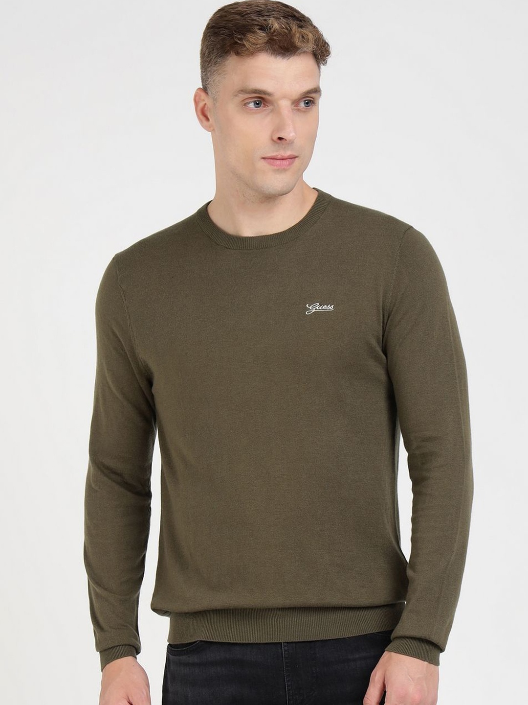 

GUESS Men Solid Pullover Sweater, Olive