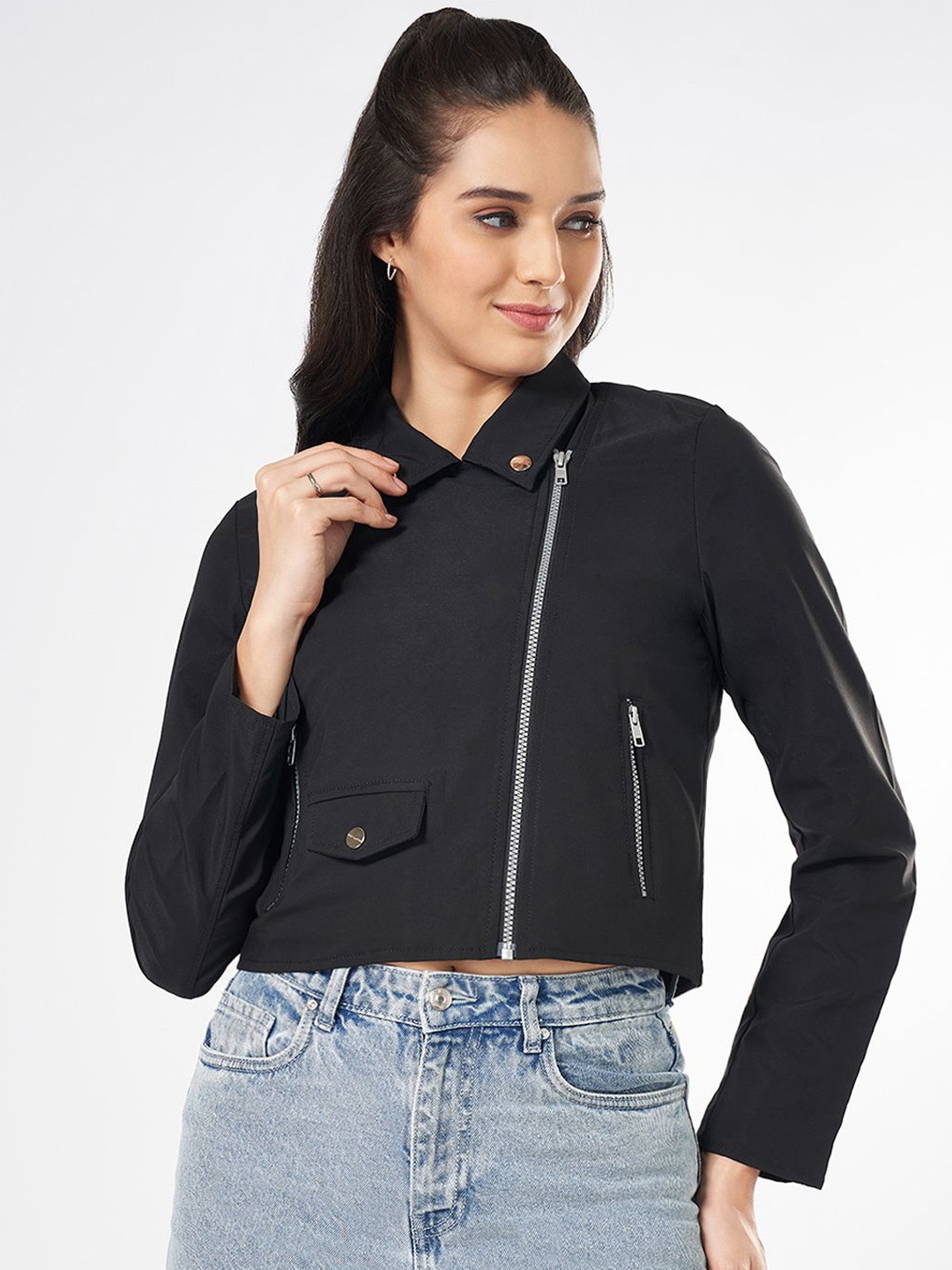 

People Women Spread Collar Solid Casual Biker Jacket, Black