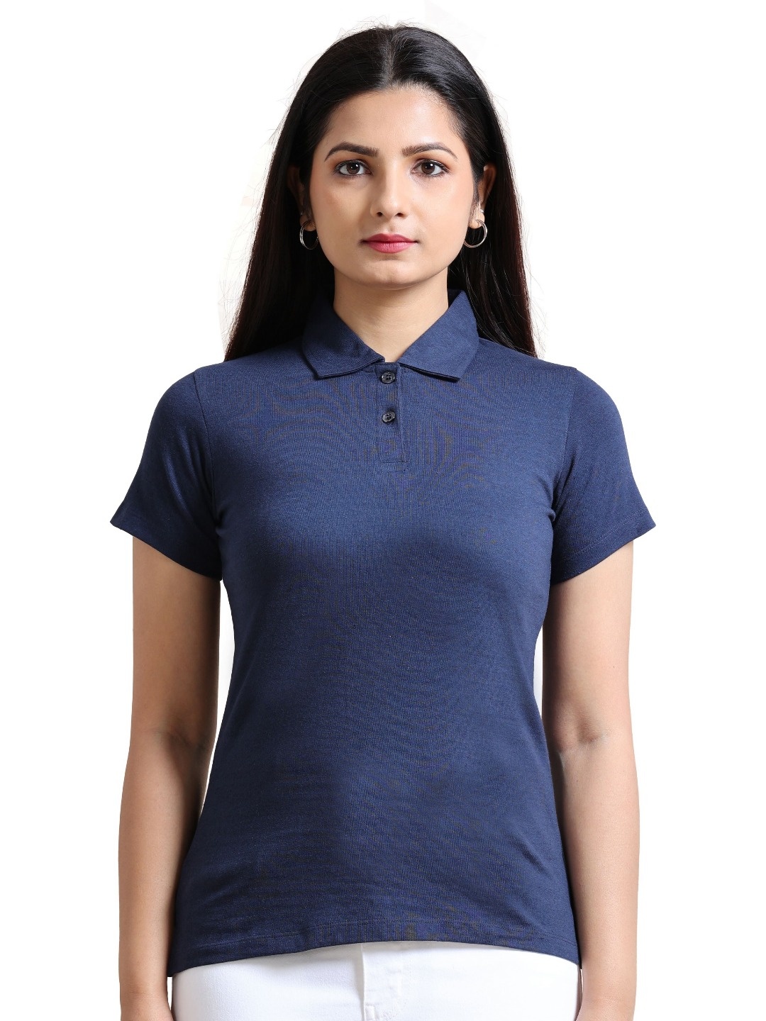 

ECOLINE Clothing Women Bio Finish Solid Polo Collar Cotton T-shirt, Navy blue