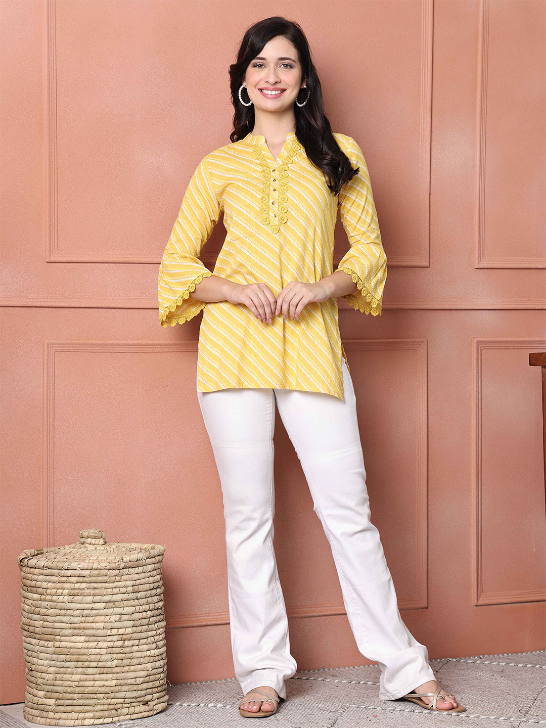 

Roly Poly Women Cotton Mandarin Collar Printed Ethnic Tunic, Yellow