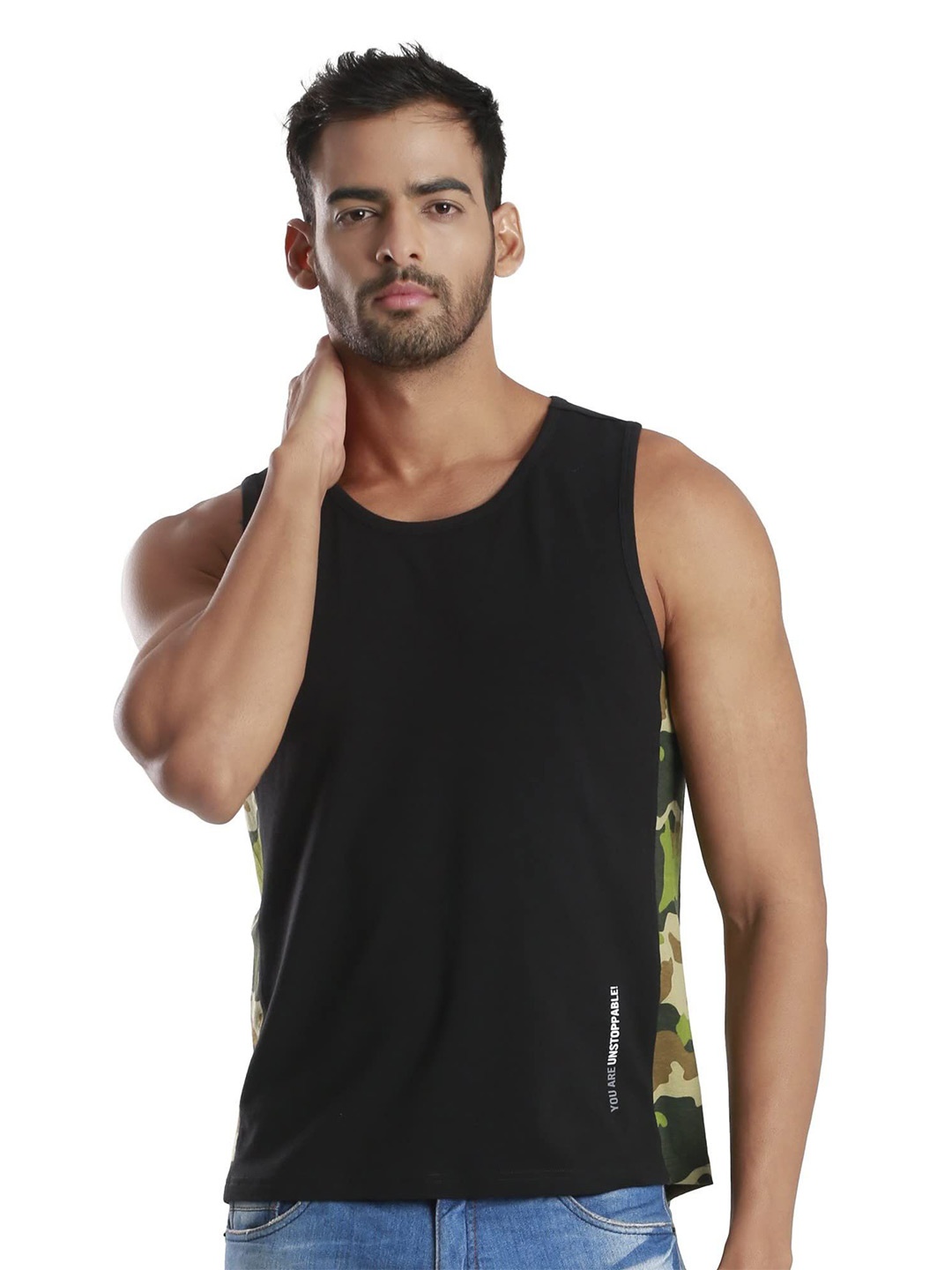 

FREECULTR Men Camouflage Printed Gym Innerwear Vest, Black