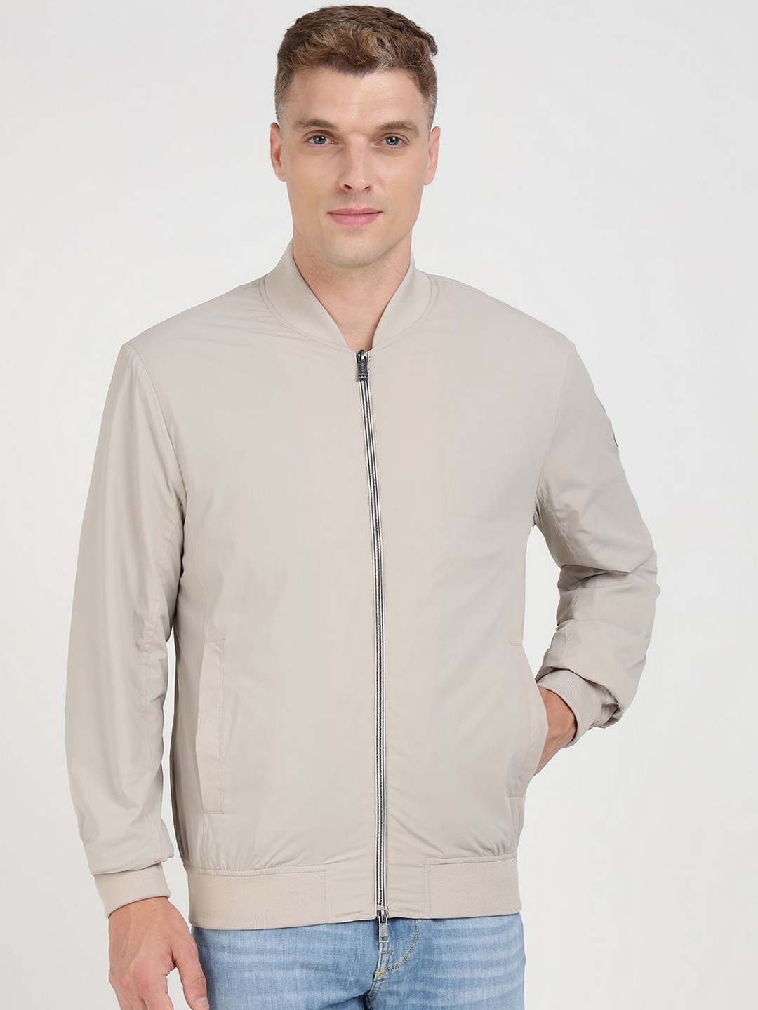 

GUESS Men Stand Collar Solid Casual Bomber Jacket, Beige