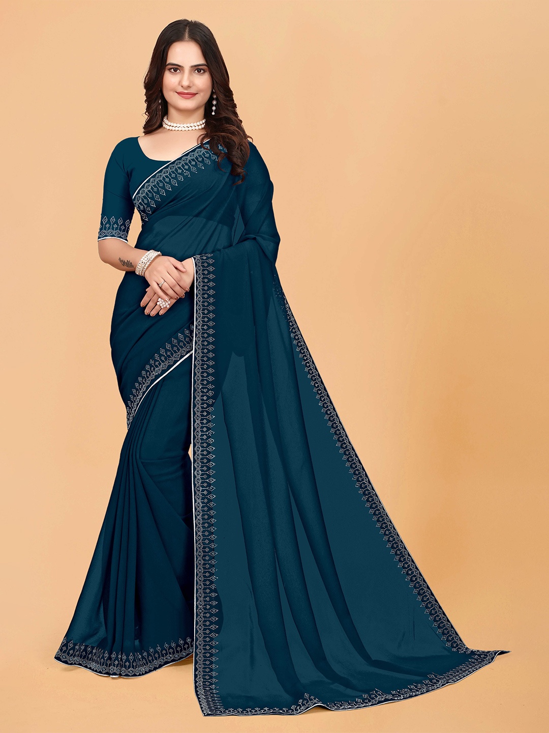 

WEAVETECH IMPEX Embellished Beads and Stones Pure Georgette Saree, Teal
