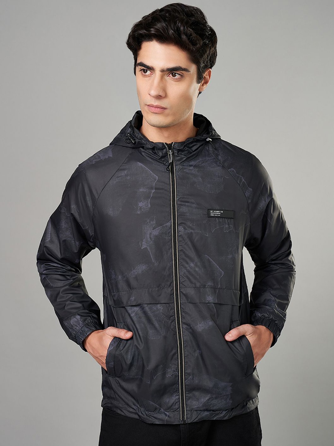 

SF JEANS by Pantaloons Men Hooded Abstract Printed Casual Bomber Jacket, Black