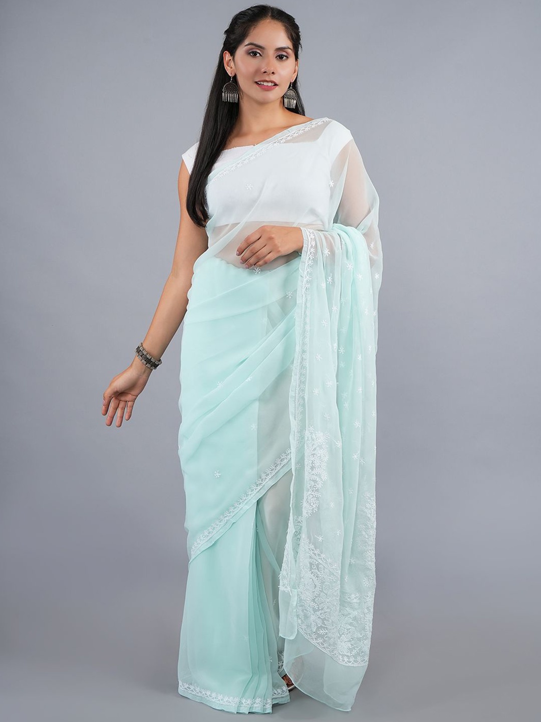 

Seva Chikan Women Ethnic Motifs Chikankari Saree, Sea green