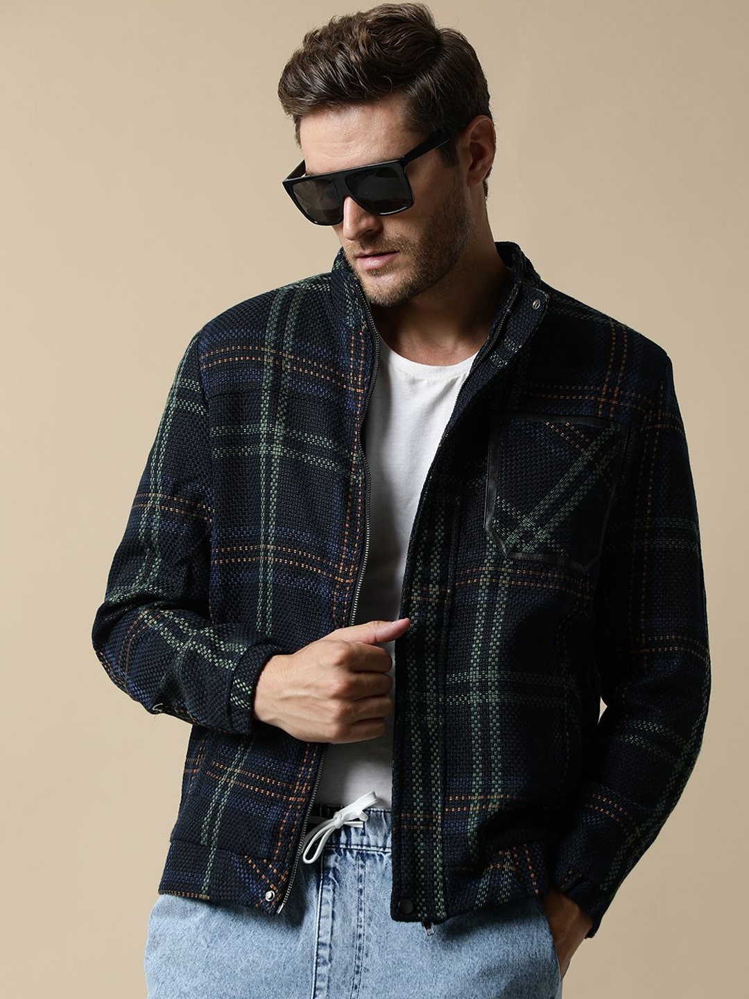 

Fort Collins Men Mock Collar Checked Woollen Casual Bomber Jacket, Navy blue