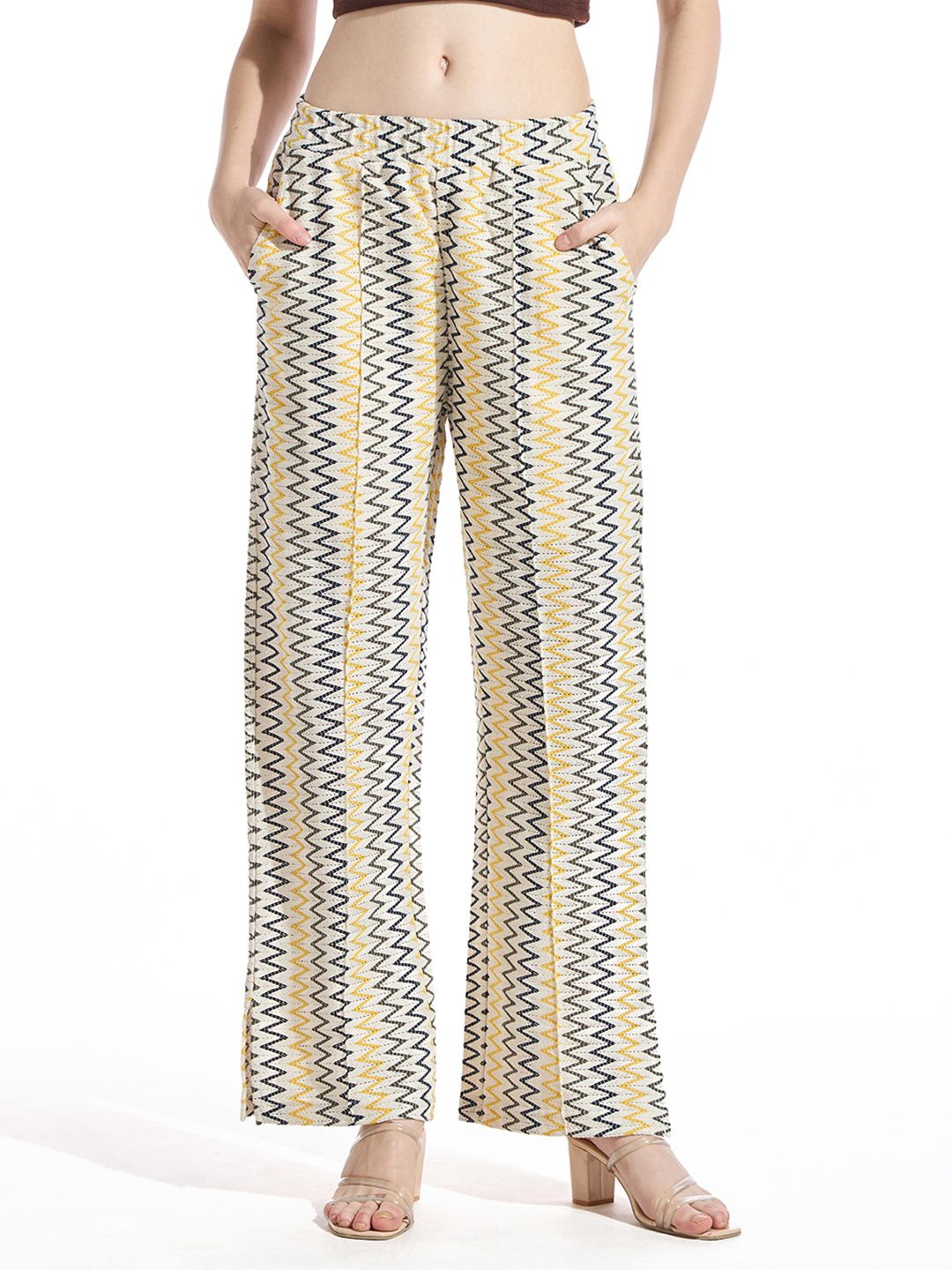 

Bewakoof Women Printed Cotton Baggy Relaxed High-Rise Parallel Trousers, Grey