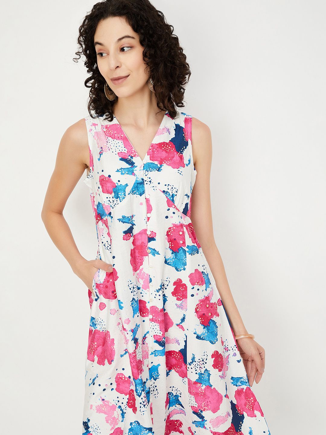 

max Floral Printed A-Line Midi Dress, Off white