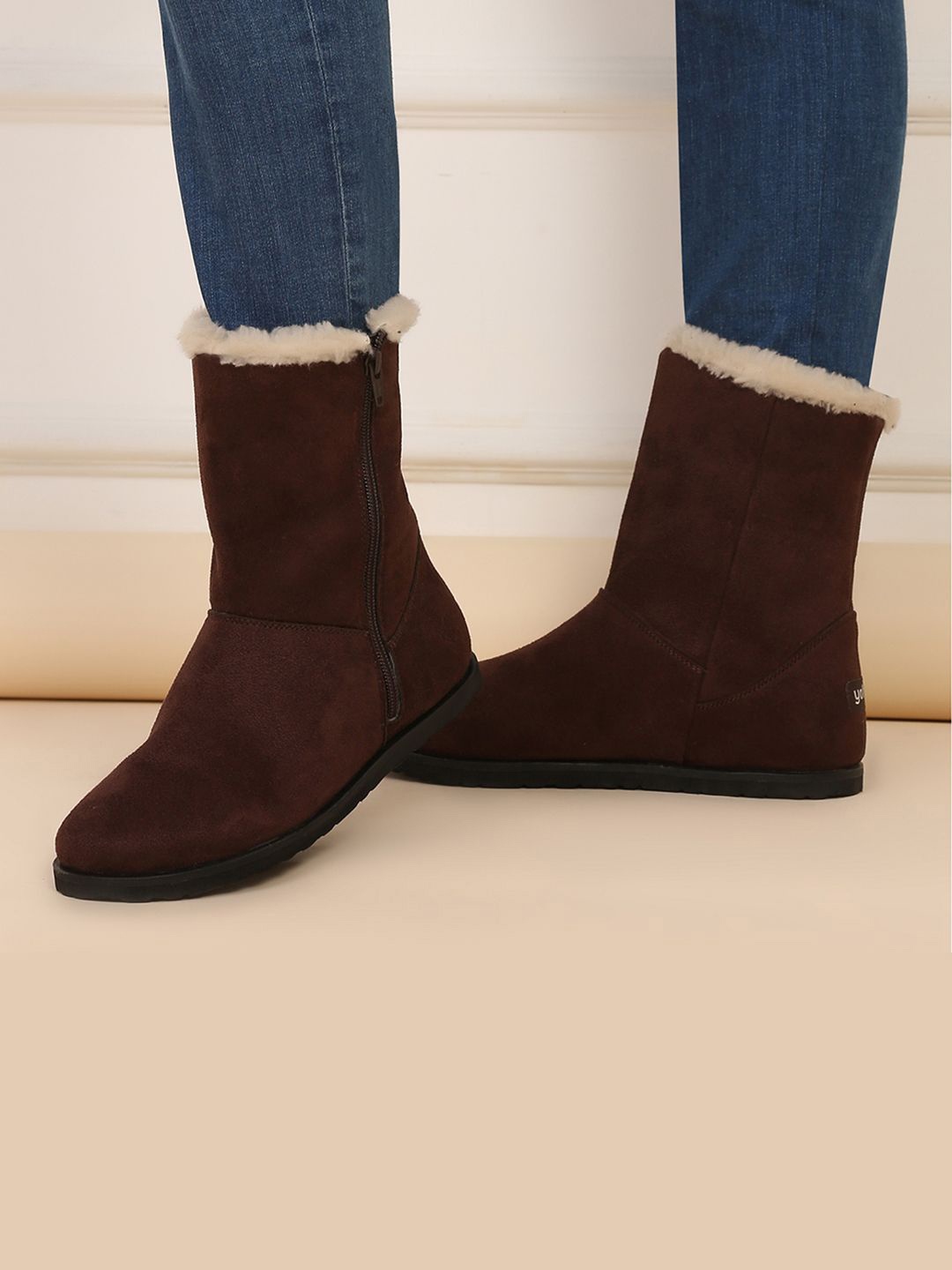 

yoho Women High-Top Uggs Boot Suede Leather Finish with Fur Snow Winter Boot M-003, Burgundy