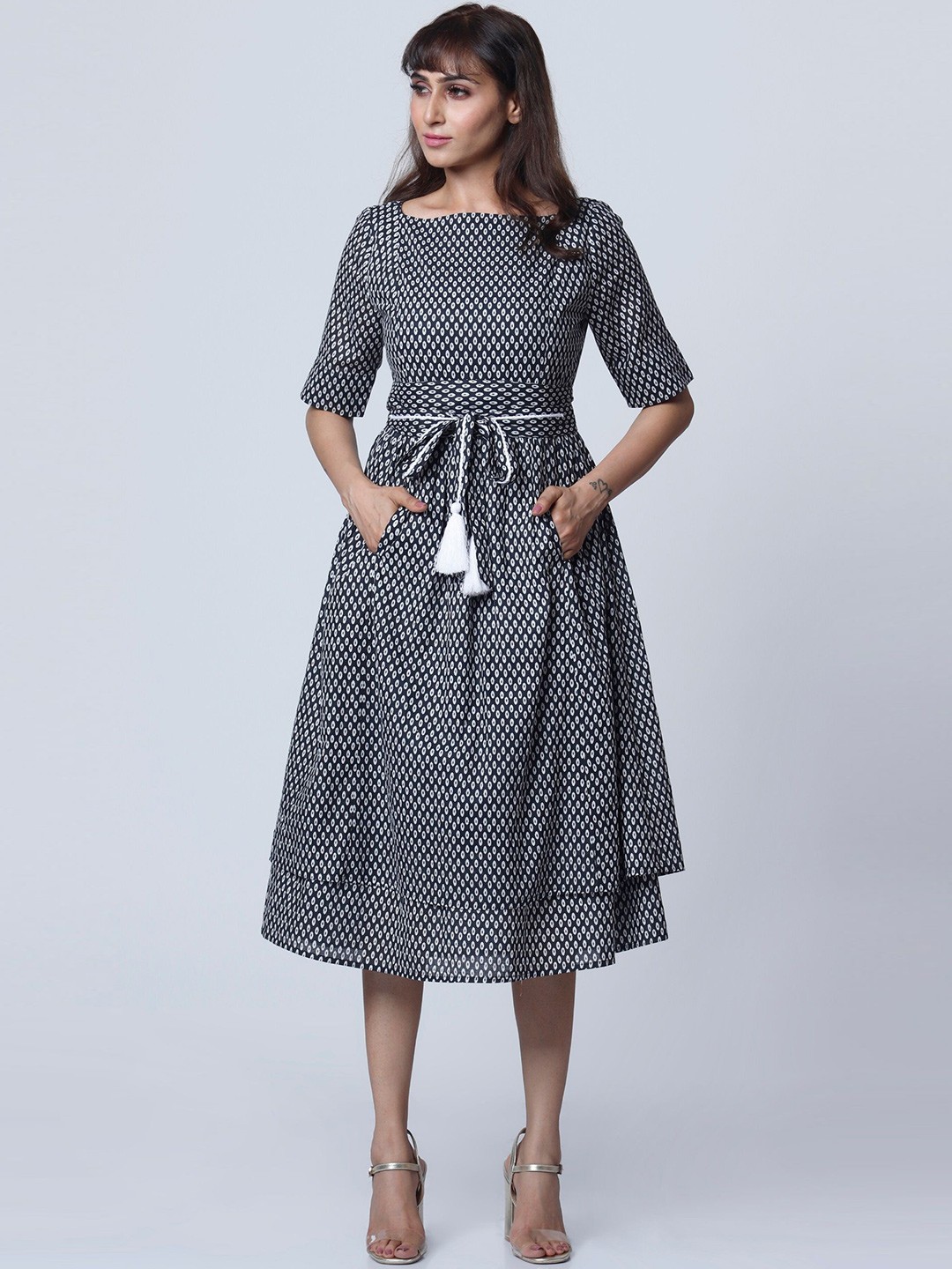 

Sini Lifestyle Women Polka Dot Printed Fit & Flare Midi Dress, Black